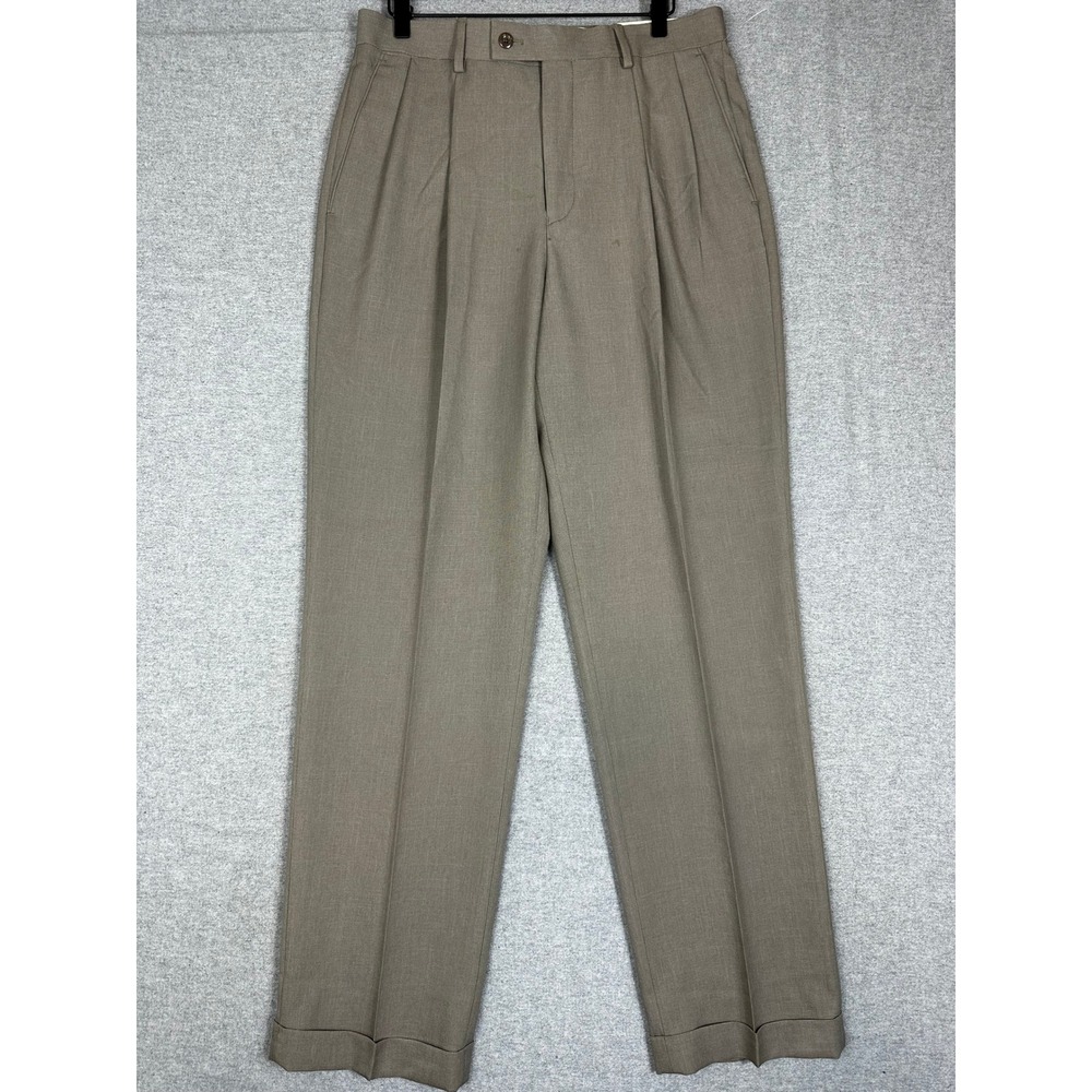 NEW Alan Flusser Dress Pants Mens 32x32 Taupe 2 Pleat Cuffed Polyester Trousers